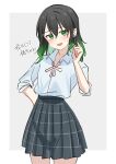  1girl absurdres alternate_hairstyle black_hair black_skirt blue_shirt border collared_shirt earrings gradient_hair green_eyes green_hair hair_between_eyes hair_down highres ilkraz_aoi jewelry looking_at_viewer love_live! love_live!_nijigasaki_high_school_idol_club medium_hair multicolored_hair neck_ribbon nijigasaki_academy_school_uniform open_mouth pink_ribbon plaid plaid_skirt playing_with_own_hair pleated_skirt ribbon school_uniform shirt skirt solo takasaki_yuu translation_request upper_body wavy_hair white_border 