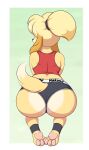 absurd_res animal_crossing anthro big_butt blonde_hair bottomwear butt canid canine canis clothing dipstick_hair domestic_dog female fur hair hi_res isabelle_(animal_crossing) mammal multicolored_body multicolored_fur nintendo pawpads ponytail raised_tail rear_view shih_tzu simple_background solo tail topwear toy_dog two_tone_body two_tone_fur underwear yellow_body yellow_fur zelripheth