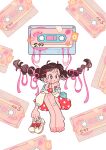  1girl absurdres barefoot blush cassette_tape dolman_(dm) dress hair_ribbon highres looking_to_the_side original pink_ribbon red_dress ribbon solo toes 