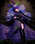  1girl black_footwear black_gloves black_hair boots china_dress chinese_clothes dress elbow_gloves flower flower_on_head gloves highres leaf_print long_hair nubezon orchid puffy_short_sleeves puffy_sleeves purple_dress short_sleeves smile solo touhou very_long_hair yomotsu_hisami 