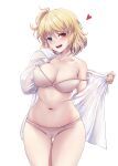  1girl :d absurdres ass_visible_through_thighs blonde_hair blue_eyes bra braid breasts cleavage collarbone cowboy_shot groin hair_between_eyes hands_up head_tilt heart heterochromia highres light_blush long_sleeves looking_at_viewer medium_breasts navel one_side_up open_clothes open_mouth open_shirt original panties pinkmarine plump red_eyes see-through see-through_shirt shirt short_hair simple_background single_bare_shoulder skindentation sleeves_past_wrists smile solo standing strap_slip swept_bangs teeth thigh_gap tongue underwear undressing upper_teeth_only white_background white_bra white_panties white_shirt wide_hips 