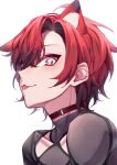  1boy :3 animal_ears black_choker black_hair cat_boy cat_ears choker from_side hair_between_eyes highres holostars holostars_english jacket kumaaa_yay looking_at_viewer machina_x_flayon male_focus multicolored_hair portrait red_hair short_hair slit_pupils solo tongue tongue_out two-tone_hair unworn_jacket virtual_youtuber white_background 