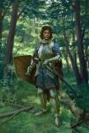  1boy armor branch brown_hair day eriopsis forest full_body hand_on_hilt highres holding holding_shield knight medium_hair nature original outdoors shield solo sword tree weapon 