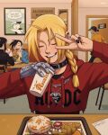  2boys 2girls ^_^ arakawa_hiromu_(cow) artist_name baseball_cap black_hair black_nails blonde_hair braid burger chair choker closed_eyes cup drinking_straw ear_piercing edward_elric english_text food fullmetal_alchemist hat hood hoodie lan_fan ling_yao marycrispies multiple_boys multiple_girls paninya_(fma) piercing restaurant single_braid sitting table v 