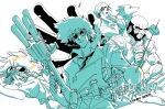  2boys 2girls aqua_theme copyright_name cowboy_bebop cup dog drooling edward_wong_hau_pepelu_tivrusky_iv ein_(cowboy_bebop) english_text facial_hair faye_valentine goggles goggles_on_head gun hands_on_own_face highres holding holding_cup holding_gun holding_weapon jet_black looking_ahead mixed-language_text monochrome multiple_boys multiple_girls rapier sleeping spike_spiegel sword thick_eyebrows weapon yo-co 