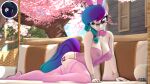 2022 3d_(artwork) anthro anthroponiessfm aurora_starling blood blue_body blue_eyes blue_fur blue_hair blue_nail_polish blue_nails blue_tail bodily_fluids bow_tie breasts cleavage clothed clothing colored_nails cutie_mark digital_media_(artwork) earth_pony equid equine eyewear fake_ears fake_rabbit_ears fan_character feet female fur furniture glasses gradient_hair gradient_tail hair hasbro heterochromatic_eyes heterochromia hi_res horn horse humanoid_feet legwear lingerie mammal midnight_music my_little_pony nails nosebleed plant plantigrade pony pose purple_eyes purple_hair purple_tail sofa solo stockings tail tree unicorn white_body white_fur