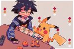  arm_up ash_ketchum black_gloves black_hair black_jacket blanket blue_jacket blush_stickers closed_eyes commentary_request controller fingerless_gloves food fruit gloves grey_background hand_on_table holding holding_food holding_fruit jacket kotatsu mgomurainu new_year open_clothes open_jacket open_mouth orange_(fruit) outline pikachu pokemon pokemon_(anime) pokemon_(creature) pokemon_dppt_(anime) remote_control shirt short_hair sleeping table under_kotatsu under_table white_outline white_shirt 