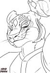 2023 anthro black_and_white clothing dreamworks felid female fur half-length_portrait hi_res kung_fu_panda line_art looking_at_viewer mammal master_tigress monochrome pantherine paws portrait signature smile smiling_at_viewer solo striped_body striped_fur stripes tiger undeadsparrow whiskers