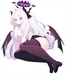  1girl ahoge ass black_horns black_skirt black_wings blue_archive blush breasts closed_mouth demon_horns demon_wings eko feet full_body halo highres hina_(blue_archive) horns legs long_hair looking_at_viewer multiple_horns no_shoes parted_bangs purple_eyes purple_thighhighs shirt simple_background skirt sleeveless sleeveless_shirt small_breasts solo thighhighs toes very_long_hair white_background white_hair white_shirt wings 