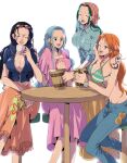  4girls ^_^ arm_tattoo beer_mug bikini bikini_top_only black_hair blue_hair blue_jacket blue_shirt bracelet breasts cleavage closed_eyes commentary_request crossed_legs cup denim dress earrings eyewear_on_head green_hair head_scarf highres holding holding_cup jacket jewelry light_blue_hair log_pose long_dress long_skirt looking_at_another makino_(one_piece) mayo_may63 mug multiple_girls nami_(one_piece) nefertari_vivi nico_robin one_eye_closed one_piece open_mouth orange_hair pink_dress pink_sarong ring shirt sidelocks simple_background sitting skirt smile striped_clothes striped_shirt swimsuit tattoo vertical-striped_clothes vertical-striped_shirt white_background yellow_skirt 