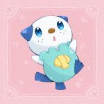  animal_focus arms_up blue_eyes border bubble commentary fish freckles highres jellyfish leg_up looking_up no_humans oshawott ototo_(otokameseimen) pink_background pink_border pokemon pokemon_(creature) seashell shell solo standing standing_on_one_leg 