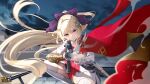  1girl armor benghuai_xueyuan blonde_hair bow cape copyright_name gun hair_bow hair_ornament hairclip highres holding holding_gun holding_weapon honkai_(series) laniaitte_gordius_de_eumenes_(benghuai_xueyuan) long_hair official_art second-party_source skirt thighhighs weapon yellow_eyes 