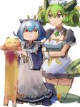  1girl 1other animal apron blue_hair dragon_girl dress duel_monster frilled_apron frills green_hair hair_between_eyes hatano_kiyoshi heart holding horns kneeling laundry_dragonmaid longcat_(meme) maid melffy_catty meme multicolored_hair non-web_source parlor_dragonmaid short_hair simple_background tail two-tone_hair white_background yellow_eyes yu-gi-oh! 