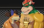 5_fingers anthro blush bowser breath_cloud brown_hair canid canine duo eye_roll fingers fur glistening glistening_body green_body green_scales hair half-closed_eyes hand_on_chest hi_res horn hunter-husky koopa looking_pleasured male male/male mammal mario_bros muscular muscular_male narrowed_eyes nintendo nipple_fetish nipple_play nipple_suck open_mouth red_hair scales scalie signature size_difference sucking tan_body tan_fur tan_scales