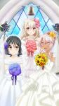  3girls :d black_hair blonde_hair blush bouquet chloe_von_einzbern closed_mouth collarbone dark-skinned_female dark_skin detached_sleeves dress fate/kaleid_liner_prisma_illya fate_(series) flower game_cg hair_flower hair_ornament highres holding holding_bouquet illyasviel_von_einzbern jewelry long_hair looking_at_viewer miyu_edelfelt multiple_girls necklace official_art open_mouth purple_flower red_eyes rose smile strapless strapless_dress sunflower third-party_source veil wedding_dress white_dress white_sleeves x_hair_ornament yellow_eyes 