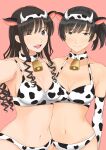  2girls amagami animal_ears animal_print armpits bell bikini black_eyes black_hair blue_eyes breasts cleavage closed_mouth collarbone cow_ears cow_horns cow_print cow_print_bikini cowbell curly_hair drill_hair fake_animal_ears fake_horns hairband highres horns long_hair looking_at_viewer medium_breasts morishima_haruka multiple_girls navel neck_bell one_eye_closed open_mouth pink_background print_bikini print_hairband selfie short_hair side_ponytail smile swimsuit takemi_kaoru tsukahara_hibiki 