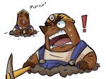 angry animal_crossing anthro armor beverage bodily_fluids brown_body clothing coffee don_resetti duo eulipotyphlan exclamation_point hard_hat headgear helmet mammal marimosgoldfish mole_(animal) mr._resetti nintendo open_mouth overalls shirt sweat text topwear