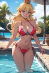  1girl ai-assisted ai-generated bad_source beach bikini blonde_hair blue_eyes breasts crown huge_breasts large_breasts long_hair looking_at_viewer mario_(series) pool princess_peach princess_peach_(swimwear) self-upload smile solo super_mario_bros._1 swimsuit 