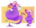 belly belly_expansion big_belly blush bodily_fluids clothing expansion female fire ghost hair hat headgear headwear hi_res humanoid mario_bros nintendo paper_mario pink_hair popawheelie3 purple_body solo spirit sweat vivian_(mario)