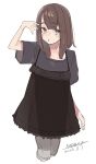  1girl :o black_dress black_hair black_shirt cropped_legs dated dress grey_pantyhose light_blush looking_at_viewer maze_(gochama_ze_gohan) medium_hair original pantyhose shirt short_sleeves signature simple_background solo white_background 