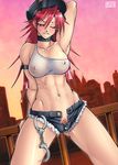  arikawa armband bangs biting blue_shorts blush breasts choker cleavage covered_nipples cuffs denim denim_shorts final_fight handcuffs hat highres large_breasts leaning lip_biting long_hair nipples poison_(final_fight) pubic_hair railing red_hair shorts solo standing 