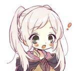  ! 1girl black_gloves black_robe blush blush_stickers braid cropped_shoulders fire_emblem fire_emblem_awakening gloves grey_eyes hands_up happy high_collar hood long_hair lowres mgomurainu open_mouth own_hands_together robe robin_(female)_(fire_emblem) robin_(fire_emblem) simple_background smile translation_request twintails upper_body white_background white_hair 