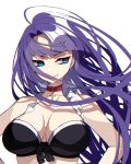  1girl bare_shoulders bikini black_bikini blue_eyes blunt_bangs breasts choker crazy_otama cross cross_choker earrings fate/grand_order fate_(series) highres jewelry large_breasts long_hair martha_(fate) martha_(swimsuit_ruler)_(fate) purple_hair simple_background smile solo swimsuit upper_body white_background 