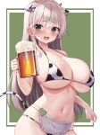  1girl absurdres alcohol animal_ears animal_print apron beer beer_mug bikini blush border breasts character_name commentary copyright_name cow_ears cow_horns cow_print cow_print_bikini cow_tail cup drooling ear_tag fake_animal_ears fake_horns fake_tail flower frilled_apron frills green_background green_eyes grey_hair gyoza_(pixiv17855879) hair_flower hair_ornament halterneck hand_up highres holding holding_cup hololive horns large_breasts long_hair looking_at_viewer mug navel open_mouth outside_border print_bikini raised_eyebrows shirogane_noel skindentation smile solo stomach string_bikini swimsuit tail very_long_hair virtual_youtuber waist_apron white_apron white_border white_flower 