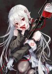  1girl absurdres arknights black_background blood blood_bag blood_on_face cross fang gloves highres kuromu long_hair pointy_ears red_cross simple_background solo tongue tongue_out vampire warfarin_(arknights) white_gloves white_hair 