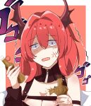  1girl akabeko123 anger_vein arknights bare_shoulders black_dress breasts cleavage demon_horns dress food hair_between_eyes highres holding holding_food horns large_breasts long_hair looking_at_viewer open_mouth purple_eyes red_hair shaded_face solo surtr_(arknights) trembling upper_body very_long_hair 
