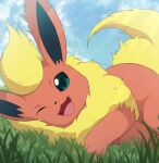 ambiguous_gender eeveelution feral flareon fur generation_1_pokemon green_eyes lying nintendo on_side one_eye_closed orange_body orange_fur pokemon pokemon_(species) quadruped rumine smile solo yellow_body yellow_fur