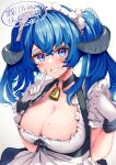  1girl bell black_choker black_ribbon blue_eyes blue_hair blush breasts choker cleavage clenched_hand collarbone crossed_bangs curled_horns dress ei_tantan eyelashes finger_to_face frilled_dress frilled_sleeves frills gloves grin guild_cq hair_between_eyes hands_up highres horns index_finger_raised large_breasts long_hair looking_at_viewer maid maid_headdress minai_aruma mole mole_on_breast multicolored_eyes neck_bell o-ring o-ring_choker puffy_sleeves purple_eyes ribbon short_sleeves simple_background smile solo teeth thank_you twintails two-tone_dress upper_body virtual_youtuber white_background white_gloves 