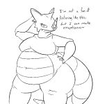 2019 anthro belly_overhang belly_scales black_and_white breasts countershading dialogue digital_drawing_(artwork) digital_media_(artwork) eyelashes facial_horn featureless_breasts female front_view generation_1_pokemon hand_behind_head hand_behind_own_head hand_on_hip hand_on_own_hip head_spikes horn looking_at_viewer monochrome navel nintendo non-mammal_breasts non-mammal_navel nose_horn obese obese_anthro obese_female overweight overweight_anthro overweight_female pokemon pokemon_(species) portrait pose rhydon scales simple_background snaggle_tooth solo spikes spikes_(anatomy) spiral_horn tail thatoneaceguy thick_tail three-quarter_portrait three-quarter_view tilde_after_text white_background