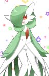  1girl absurdres arms_at_sides blush bob_cut colored_skin commentary_request flat_chest gardevoir green_hair green_skin groin hair_over_one_eye happy highres legs light_blush looking_at_viewer multicolored_skin one_eye_covered open_mouth partial_commentary pokemon pokemon_(creature) red_eyes short_hair smile solo standing star_(symbol) starry_background thighs two-tone_skin white_background white_skin yunicon 