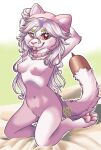 anthro anthrofied areola bed blep bonbonsart breasts cattail_(pvz) chest_tuft clothing collar collar_only digitigrade domestic_cat electronic_arts elemental_creature eyebrows felid feline felis female flora_fauna front_view fur furniture genitals hair hat headgear headwear hi_res long_hair looking_at_viewer mammal mostly_nude navel nipples nude pawpads pink_clothing pink_hat pink_headwear plant plants_vs._zombies popcap_games pussy solo tongue tongue_out tuft white_body