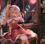  1girl blonde_hair cowboy_shot crystal dobostorte flandre_scarlet hand_up hat highres indoors long_hair mob_cap moon open_mouth red_eyes red_moon side_ponytail sitting solo touhou 