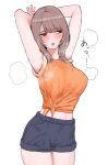  1girl absurdres armpits arms_behind_head arms_up blush breasts brown_eyes brown_hair commentary_request curvy highres hyoshiki large_breasts long_bangs long_hair looking_to_the_side midriff navel open_mouth orange_shirt original partial_commentary shiny_skin shirt shorts simple_background sleeves_rolled_up solo steam steaming_body sweat sweat_stain thighs tied_shirt translation_request very_sweaty white_background 
