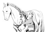  1girl animal blush braid braiding_hair cropped_jacket crown_braid fingerless_gloves gkfdlfdjqtdma gloves greyscale hairdressing hands_up horse korean_commentary layered_sleeves looking_at_animal monochrome pointy_ears princess_zelda profile shirt sidelocks simple_background the_legend_of_zelda the_legend_of_zelda:_breath_of_the_wild upper_body 