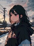  1girl artist_name black_hair blush brown_eyes cloud cloudy_sky dated footprints from_side grass hood hood_down long_hair looking_ahead mountain nanami_yuki_(yuki77mi) original outdoors pixel_art sky snow solo tree upper_body 