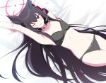  1girl ;o animal_ear_fluff animal_ears arm_behind_head arm_up armpits arms_up bed_sheet black_bra black_hair black_panties blue_archive bra breasts cleavage commentary_request commission eko fox_ears fox_girl hair_between_eyes halo headset highres long_hair looking_at_viewer lying navel on_back one_eye_closed panties parted_lips red_eyes sidelocks simple_background skeb_commission small_breasts solo stomach stretching underwear yukino_(blue_archive) 