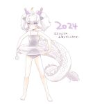  1girl animal_ears dragon_girl dragon_horns dragon_tail extra_ears grey_hair highres horns kemono_friends kuromitsu_(9633_kmfr) long_hair looking_at_viewer purple_eyes simple_background solo swim_ring swimsuit tail translation_request twintails white_dragon_(kemono_friends) 