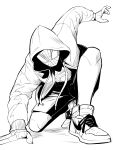  1boy animal_print bodysuit drawstring full_body gegegekman greyscale hand_on_ground highres hood hood_up hooded_jacket insignia jacket long_sleeves male_focus marvel mask monochrome on_one_knee shoes shorts sneakers solo spandex spider-man:_into_the_spider-verse spider-man_(series) spider-verse spider_print superhero superhero_landing white_background 