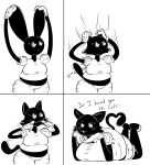 2019 3_toes 4_fingers :3 anthro belly big_breasts big_butt big_ears biped black_and_white black_text blouse bottomwear breasts butt cartoon_physics cheek_tuft clothing comic digital_drawing_(artwork) digital_media_(artwork) domestic_cat ear_transformation english_text eyelashes facial_tuft feet felid feline felis female fingers front_view gesture gloves growth half-closed_eyes handwear inkblot inky_(thatoneaceguy) lagomorph leporid looking_at_viewer lying lying_on_ground mammal midriff monochrome narrowed_eyes on_front open_:3 open_mouth overweight overweight_anthro overweight_female pie_cut_eyes prick_ears rabbit raised_calf shorts simple_background solo sound_effects species_transformation standing tail tail_gesture tail_growth tail_heart text thatoneaceguy three-quarter_view toeless_(marking) toes tongue toony topwear transformation tuft whiskers white_background
