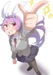  1girl ahoge animal_ears black_footwear blush breasts clenched_teeth collared_shirt finger_gun floating_hair foot_out_of_frame foreshortening from_above full_body grey_skirt grey_suit highres large_breasts long_hair looking_up miniskirt open_mouth perspective pointing pointing_up purple_hair rabbit_ears rabbit_girl rabbit_tail red_eyes red_tie reisen_udongein_inaba shadow shirt simple_background skirt sobayu_to_tenpura solo sparkle suit tail teeth thighhighs touhou very_long_hair white_background white_shirt 