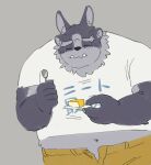 3_eyes anthro bottomwear chubby_male clothing fur grey_body grey_fur hi_res humanoid lifewonders male multi_eye obese overweight overweight_male solo stomacheart tokyo_afterschool_summoners tsathoggua