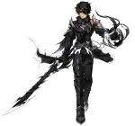  1boy armor artist_request belt black_coat black_footwear black_gloves black_hair black_pants black_theme buckle closed_mouth coat elsword energy eyepatch gloves greaves highres holding holding_sword holding_weapon legs_together looking_at_viewer male_focus mutant_reaper_(elsword) official_art pants raven_cronwell scar scar_on_face serious solo standing straight-on sword tachi-e transparent_background weapon yellow_eyes 