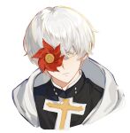  13327752wer 1boy absurdres asuka_r._kreutz closed_mouth compass_rose_halo cross eyepatch guilty_gear guilty_gear_strive hair_between_eyes halo highres latin_cross looking_at_viewer male_focus one_eye_covered short_hair simple_background upper_body white_hair yellow_eyes 