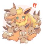  ! !! :d :o blush brown_eyes closed_eyes commentary_request drooling eevee fang flareon fluffy green_eyes highres ichino_cco looking_at_viewer lying mouth_drool no_humans on_back one_eye_closed open_mouth pokemon pokemon_(creature) smile 