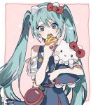  :o animal_ears argyle argyle_background bag bare_shoulders blue_dress blue_eyes blue_hair blush blush_stickers border bow carrying carrying_person cat_ears clothing_cutout cowboy_shot crossover dot_nose dress eating fake_animal_ears food hair_between_eyes hair_bow hairband handbag hatsune_miku head_tilt heart hello_kitty hello_kitty_(character) highres holding holding_food inu_totemo long_hair looking_at_viewer open_mouth outside_border petticoat pie pinafore_dress pink_background red_bow sanrio shirt shoulder_cutout sidelocks sleeveless sleeveless_dress straight-on teeth twintails upper_teeth_only very_long_hair vocaloid whiskers white_border white_hairband white_shirt 