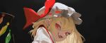  1girl black_blackground blonde_hair crystal fang flandre_scarlet from_below hat highres looking_at_viewer medium_hair mob_cap open_mouth red_eyes red_ribbon ribbon simple_background solo touhou zealh233 